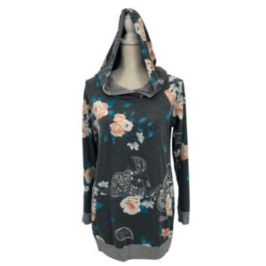 Egy California Charcoal Gray Floral Pocket Pullover French Terry Hoodie Medium